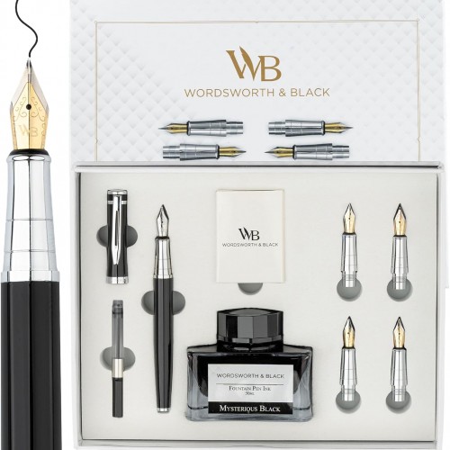 Wordsworth & Black Fountain Pen Gift Set, Includes Ink Bottle, 6 Ink Cartridges & A Refill Converter, 4 Replacement Nibs, Premium Package, Journaling, Calligraphy, Smooth Writing Pens [Black Chrome]