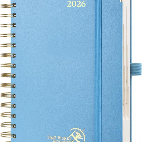 POPRUN 2026 Daily Planner One Page A Day - [8.5" x 5.75" Wire-Bound Hard Cover] Agenda 2026 Hourly Appointment Book with Monthly Calendar, Inner Pocket, Ivory Paper - Haze Blue