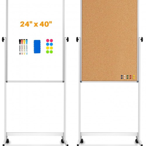 [13 Sq/ft] WALGLASS Rolling Whiteboard & Corkboard Combo with Stand, 24"x40" Reversible Double-Sided White Board Cork Board Combination, Mobile Dry Erase and Bulletin Boards on Wheels