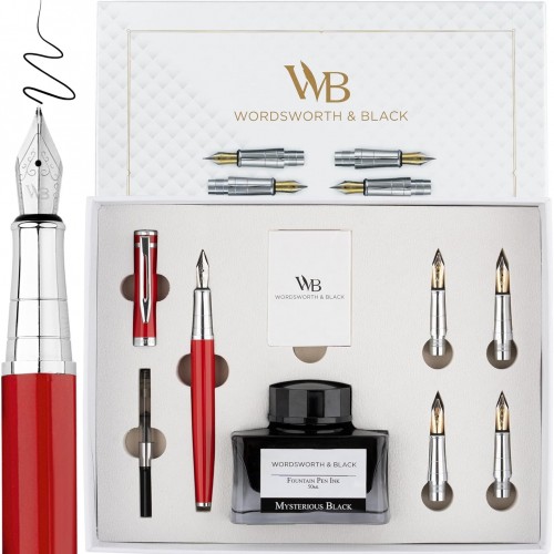 Wordsworth & Black Fountain Pen Gift Set, Includes Bottle, 6 Cartridges Refill Converter, 4 Replacement Nibs, Premium Package, Journaling, Calligraphy, Smooth Writing Pens [Red Chrome]