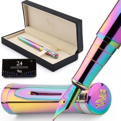 Wordsworth & Black Fountain Pen Set, 18K Gilded Medium Nib, Includes 24 Pack Ink Cartridges, Ink Refill Converter & Gift Box, Gold Finish, Calligraphy, [Rainbow], Perfect for Men & Women