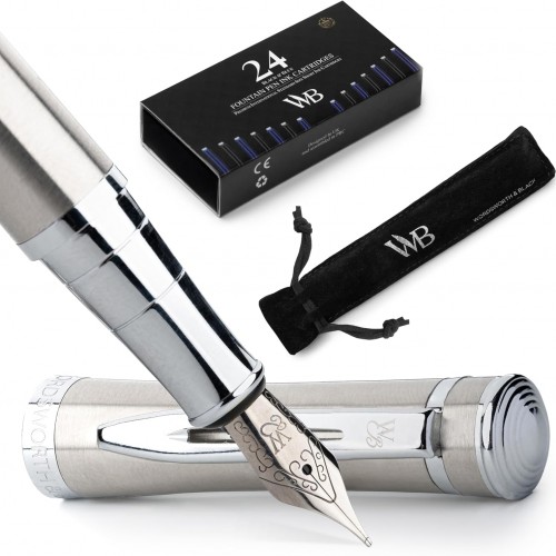 Wordsworth & Black Fountain Pen Set, Medium Nib, Includes 24 Pack Ink Cartridges, Ink Refill Converter & Gift Pouch, Chrome Finish, Calligraphy, [Silver Chrome], Perfect for Men & Women