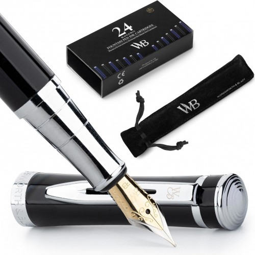 Wordsworth & Black Fountain Pen Set, Extra Fine Nib, Includes 24 Pack Ink Cartridges, Ink Refill Converter & Gift Pouch, Chrome Finish, Calligraphy, [Black Chrome], Perfect for Men & Women