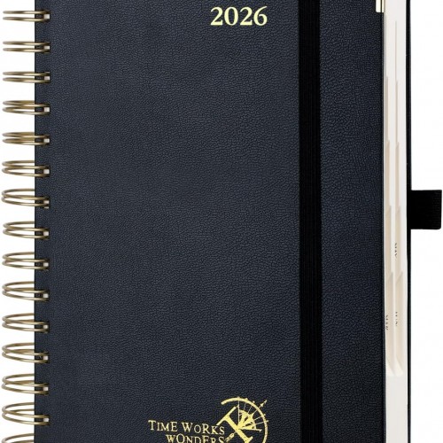POPRUN 2026 Daily Planner One Page A Day - [8.5" x 5.75" Wire-Bound Hard Cover] Agenda 2026 Hourly Appointment Book with Monthly Calendar, Inner Pocket, Ivory Paper - Black