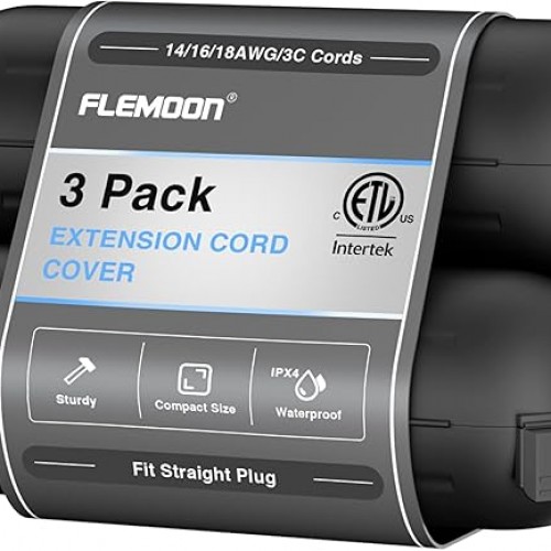 Flemoon [3 Pack] Outdoor Extension Cord Safety Cover with Waterproof Seal, Weatherproof Electrical Connection Box to Protect Outdoor Outlet, Plug, Socket, Christmas Holiday Decoration Light, Black