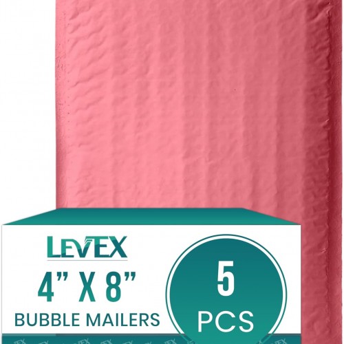 Levex - #000 4" x 8" [5 Pack] Pink Poly Bubble Mailers, Padded Envelope Mailers, Packing Envelope & Mailing Bags for Shipping
