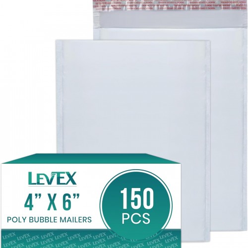 Levex - #0000 4" x 6" [150 Pack] Poly Bubble Mailers, Padded Envelope Mailers, Packing Envelope & Mailing Bags for Shipping