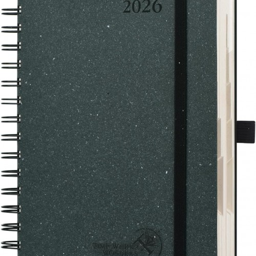 POPRUN 2026 Daily Planner One Page A Day - [5.75" x 8.5"-100% Recycled Materials Spiral Soft Cover] - 2026 Agenda with Monthly Calendar, Folded Inner Pocket - Black Grey