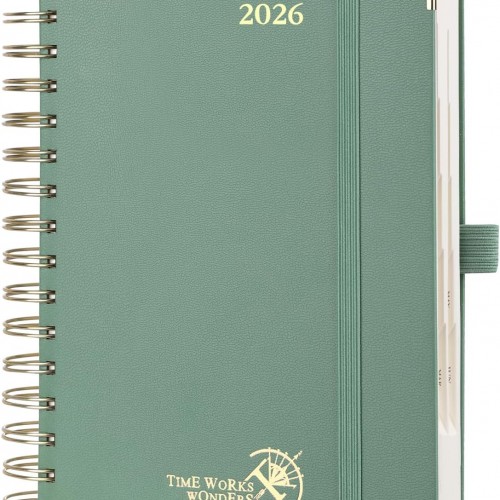 POPRUN 2026 Daily Planner One Page A Day - [8.5" x 5.75" Wire-Bound Hard Cover] Agenda 2026 Hourly Appointment Book with Monthly Calendar, Inner Pocket, Ivory Paper - Midnight Green