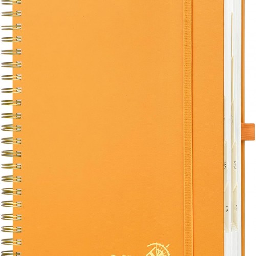 POPRUN 2026 Daily Planner One Page A Day - [A4 Large Size 8.5" x 12" -Spiral Hard Cover], Agenda 2026 Hourly Appointment Book with Monthly Calendar, Pen Holder, Ivory Paper - Orange