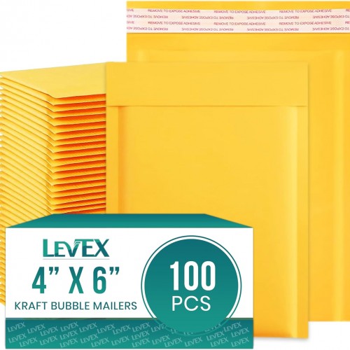 Levex - #0000 4" x 6" [100 Pack) Kraft Bubble Mailers, Padded Envelope Mailers, Packing Envelope & Mailing Bags for Shipping