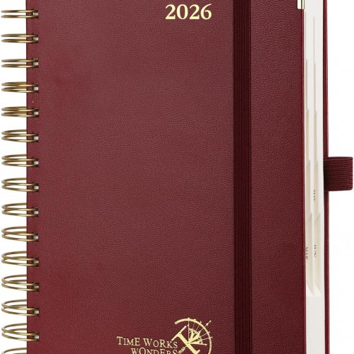 POPRUN 2026 Daily Planner One Page A Day - [8.5" x 5.75" Wire-Bound Hard Cover] Agenda 2026 Hourly Appointment Book with Monthly Calendar, Inner Pocket, Ivory Paper - Burgundy