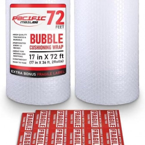 Bubble Cushioning Wrap Pacific Mailer 5/16 Inch x 17 Inch x 72Feet Total [2 Rolls of 36 Feet] Bubble Cushioning Wrap for Packing Moving Supplies Perforated Every 12"