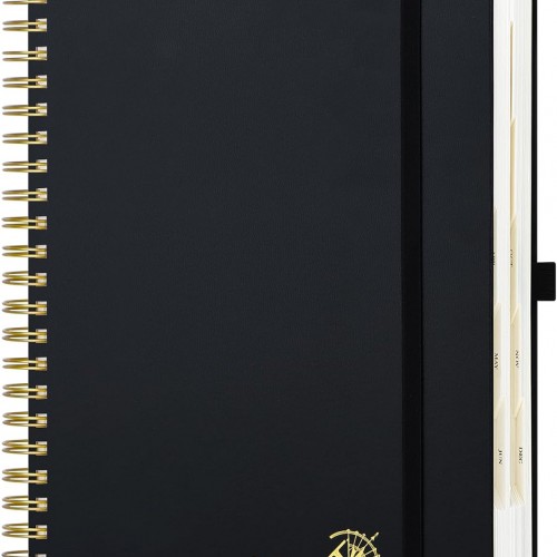 POPRUN 2026 Daily Planner One Page A Day - [A4 Large Size 8.25" x 12" -Spiral Hard Cover], Agenda 2026 Hourly Appointment Book with Monthly Calendar, Pen Holder, Ivory Paper -Black