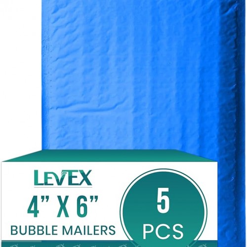 Levex - #0000 4" x 6" [5 Pack] Blue Poly Bubble Mailers, Padded Envelope Mailers, Packing Envelope & Mailing Bags for Shipping