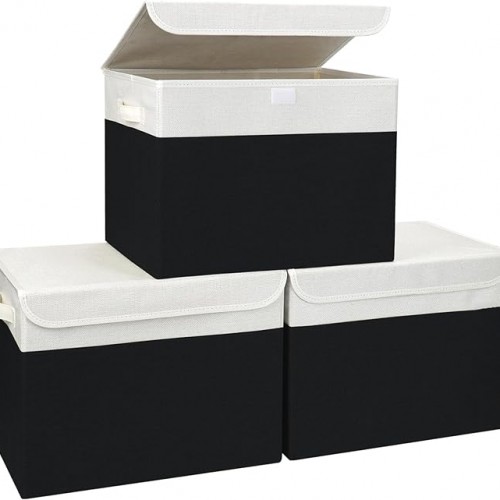 Large 17" 42 Quarts Collapsible Stackable Storage Bins with Lids [3-Pack] Foldable Fabric Linen Storage Boxes Cube, Closet Organizer Baskets with Label for Home (16.7 x 12 x 12", Black & White)