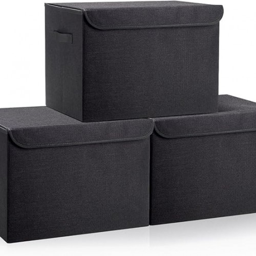 Large 17" 42 Quarts Collapsible Stackable Storage Bins with Lids [3-Pack] Foldable Fabric Linen Storage Boxes Cube, Closet Organizer Baskets with Label (16.7 x 12 x 12", Black)