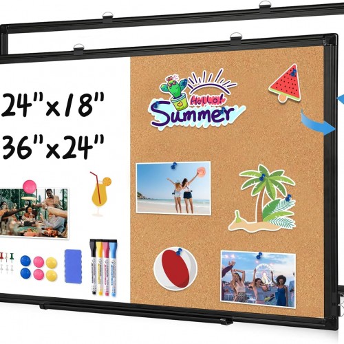 [24" x 18"] WALGLASS Dry Erase and Bulletin Boards Combo, Magnetic White Board Cork Board for Wall, Whiteboard & Corkboard Combination with Aluminum Frame, for Home, Classroom, Office
