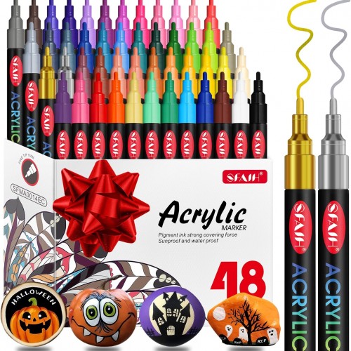 SFAIH 48 Vibrant Acrylic Paint Markers - [Ultra High Coverage]1-2mm Fine Tip Pen for Any Surface, Halloween Decorations, Pumpkin Painting, Paper Rock Fabric Wood, Non-Bleeding Permanent Ink, Non-Toxic